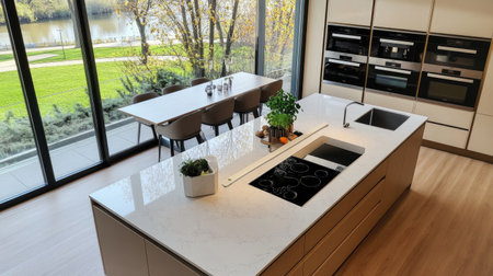 A top-down shot of a modern kitchen with a rectangular island, white quartz worktops, built-in stainless steel appliances, and large glass windows overlooking a city park.の素材