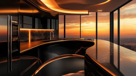 A luxurious, modern kitchen interior with a curved pastel brown laminate counter, sleek black surfaces, and large windows showcasing a vibrant sunset.の素材