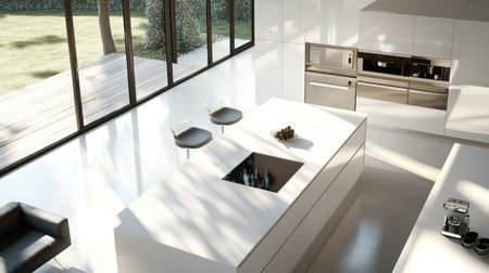 A spacious modern kitchen from an aerial view, featuring a massive island, pristine white countertops, and shiny stainless steel appliances. Large windows flood the space with light.の素材