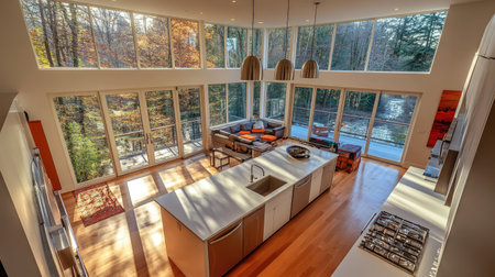 An overhead view of a modern kitchen with a wide island, seamless white counters, and a backdrop of shiny stainless steel appliances and panoramic floor-to-ceiling windows.の素材