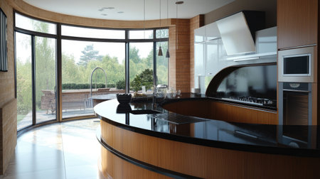 A stylish kitchen with a curved counter in pastel brown laminate, black quartz tops, and modern decor. Large windows let in natural light and reveal a stunning patio. -の素材