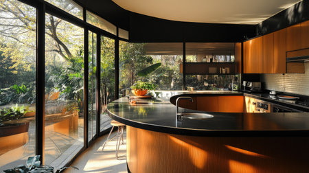 A modern kitchen with a curved pastel brown counter, black surfaces, and minimalist furnishings. Oversized windows provide a view of a sunny courtyard.の素材