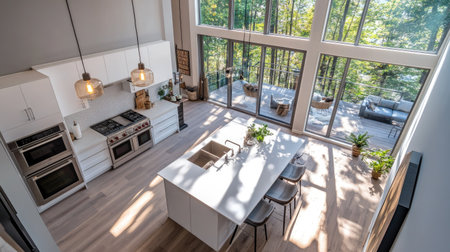 A modern open-plan kitchen seen from above, showcasing a large white island, stainless steel double ovens, and floor-to-ceiling windows letting in natural light.の素材