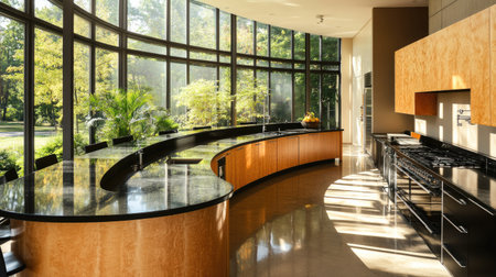 A modern kitchen with a curved pastel brown counter, black surfaces, and minimalist furnishings. Oversized windows provide a view of a sunny courtyard.の素材