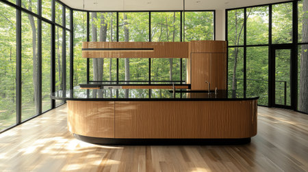 A sleek, modern kitchen featuring a curved island in pastel brown laminate, black counters, and an airy, open design with large windows framing a forest view.の素材