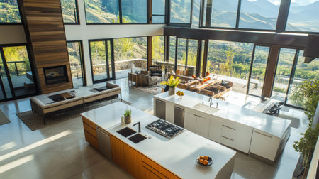 An aerial view of a contemporary kitchen with a massive central island, smooth white worktops, stainless steel accents, and large windows overlooking a mountain landscape.の素材
