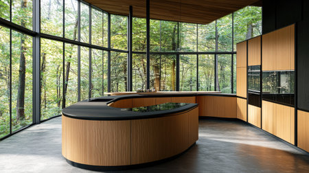 A sleek, modern kitchen featuring a curved island in pastel brown laminate, black counters, and an airy, open design with large windows framing a forest view.の素材
