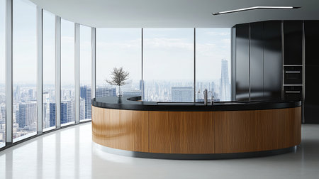 A spacious, modern kitchen with a curved island in pastel brown laminate, black countertops, and large glass windows overlooking a city skyline.の素材