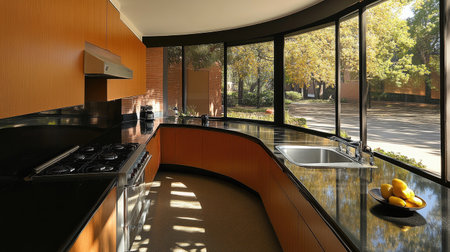 A modern kitchen with a curved pastel brown counter, black surfaces, and minimalist furnishings. Oversized windows provide a view of a sunny courtyard.の素材