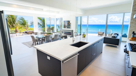 A sleek modern kitchen from above, with a spacious island, white stone countertops, and stainless steel appliances. Massive windows provide a stunning ocean view.の素材