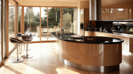 A stylish kitchen with a curved counter in pastel brown laminate, black quartz tops, and modern decor. Large windows let in natural light and reveal a stunning patio. -の素材