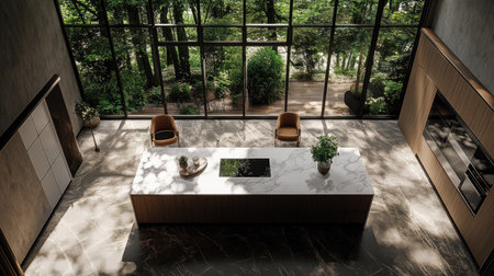 A top-down view of a luxury modern kitchen, highlighting a massive island with pristine white worktops, stainless steel appliances, and panoramic windows with forest views.の素材