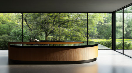 A minimalist kitchen interior with a curved counter design in warm pastel brown laminate, black surfaces, and floor-to-ceiling windows facing a lush green landscape.の素材