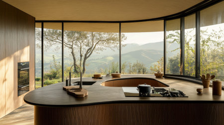 A warm, minimalist kitchen with a curved pastel brown counter, black worktops, and large windows framing an expansive view of rolling hills.の素材