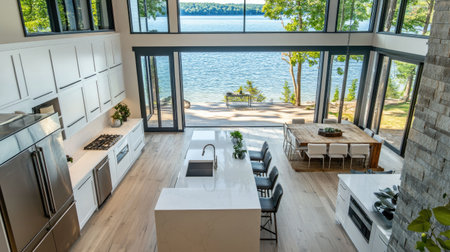 An overhead view of a modern kitchen with a U-shaped island, white stone tops, stainless steel fridge and oven, and large glass windows overlooking a serene lake.の素材