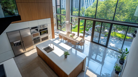 A top-down shot of a modern kitchen with a rectangular island, white quartz worktops, built-in stainless steel appliances, and large glass windows overlooking a city park.の素材