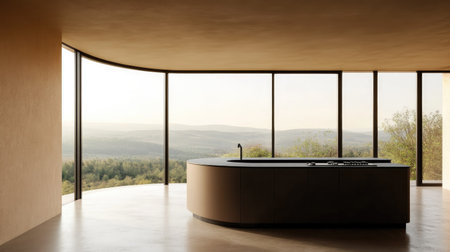 A warm, minimalist kitchen with a curved pastel brown counter, black worktops, and large windows framing an expansive view of rolling hills.の素材