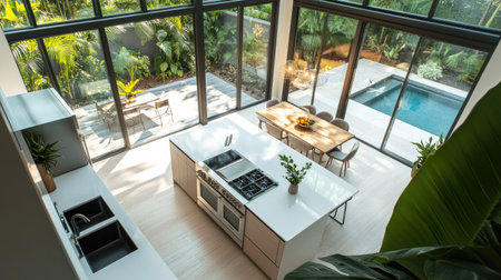 An aerial view of a high-end modern kitchen, with a wide white island, stainless steel finishes, and large windows framing a view of a lush outdoor pool area. -の素材