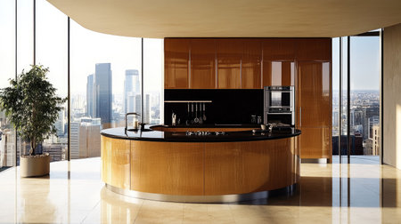 A spacious, modern kitchen with a curved island in pastel brown laminate, black countertops, and large glass windows overlooking a city skyline.の素材