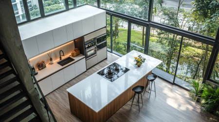 A top-down shot of a modern kitchen with a rectangular island, white quartz worktops, built-in stainless steel appliances, and large glass windows overlooking a city park.の素材