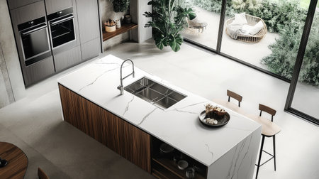 A top-down perspective of a modern kitchen featuring a large island with a sink, white quartz worktops, and a backdrop of stainless steel appliances and wide-open windows.の素材