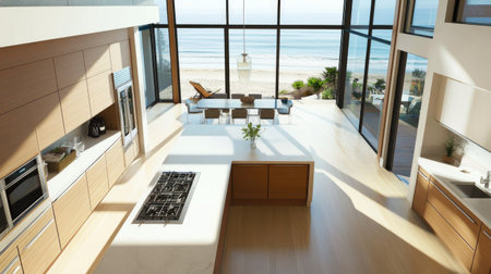 A sleek modern kitchen from above, with a spacious island, white stone countertops, and stainless steel appliances. Massive windows provide a stunning ocean view.の素材