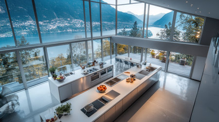 An aerial view of a contemporary kitchen with a massive central island, smooth white worktops, stainless steel accents, and large windows overlooking a mountain landscape.の素材