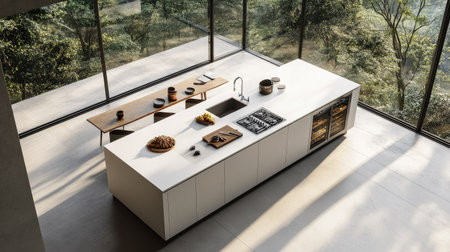 A top-down view of a luxury modern kitchen, highlighting a massive island with pristine white worktops, stainless steel appliances, and panoramic windows with forest views.の素材