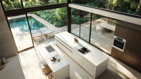 An aerial view of a high-end modern kitchen, with a wide white island, stainless steel finishes, and large windows framing a view of a lush outdoor pool area. -の素材