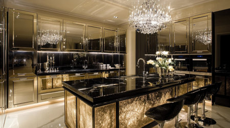 A glamorous luxury kitchen with mirrored cabinetry, a crystal chandelier, and a gold-veined black marble island. Polished surfaces enhance the sense of opulence.の素材