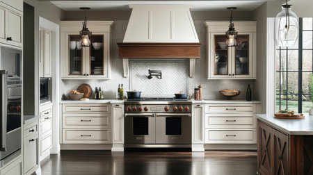A timeless luxury kitchen with classic white cabinetry, dark wood floors, and a subway tile backsplash. A vintage-inspired range and pot filler add charm.の素材