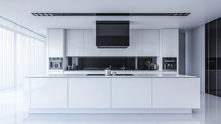 A modern luxury kitchen with a sleek white and black palette, seamless built-in appliances, and a central island with a glossy finish. High-end and stylish.の素材