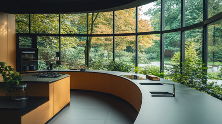 A minimalist kitchen featuring a curved pastel brown laminate counter, matte black worktops, and expansive windows offering a view of a serene garden.の素材