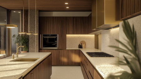 A modern kitchen with a mid-century touch: walnut cabinetry, brass fixtures, and terrazzo countertops create a unique and timeless design.の素材