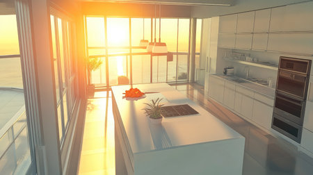 A birds-eye view of a modern kitchen with a spacious island, white polished countertops, sleek stainless steel appliances, and large windows framing a sunset view.の素材