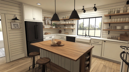 A modern farmhouse kitchen with a shiplap backsplash, matte black hardware, and a central island with a butcher block countertop. Warm and inviting.の素材