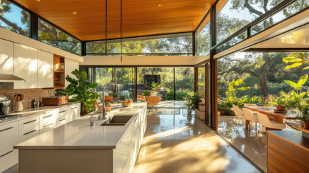 A modern kitchen with floor-to-ceiling glass walls overlooking a lush outdoor patio. The design includes sleek white cabinetry and a central island with a sink.の素材