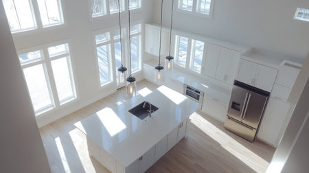 A spacious modern kitchen from an aerial view, featuring a massive island, pristine white countertops, and shiny stainless steel appliances. Large windows flood the space with light.の素材