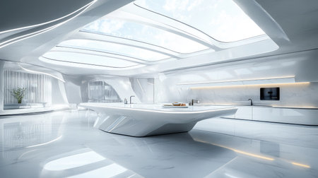 A luxury kitchen with high ceilings, skylights, and a massive central island with a sink. Sleek white and grey color tones emphasize modern elegance.の素材