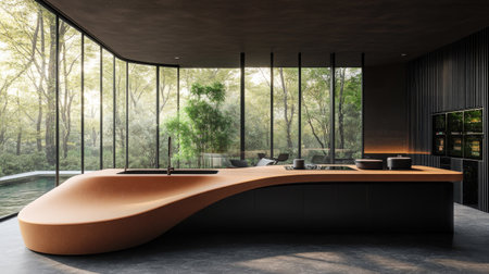 A futuristic kitchen with a curved pastel brown counter, black surfaces, and minimalist accents. Large windows create a seamless connection to the outdoors.の素材