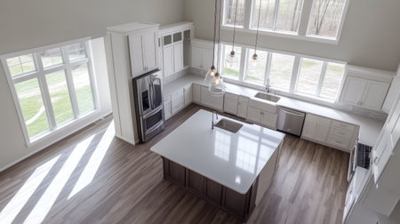 A bright and airy modern kitchen from an overhead perspective, showcasing a large island with a sink, white countertops, stainless steel appliances, and expansive windows.の素材