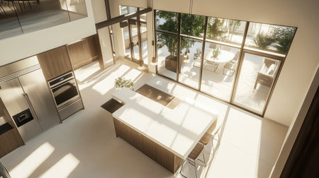 A birds-eye view of a spacious modern kitchen featuring a large white countertop island, gleaming stainless steel appliances, and oversized windows opening to a patio.の素材