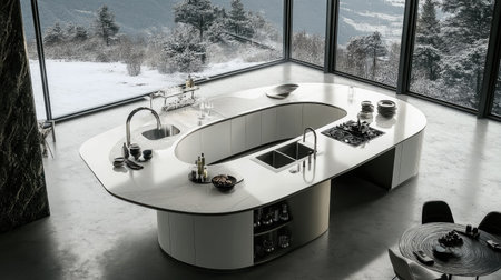 An aerial view of a contemporary kitchen with a massive central island, smooth white worktops, stainless steel accents, and large windows overlooking a mountain landscape.の素材
