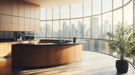 A spacious, modern kitchen with a curved island in pastel brown laminate, black countertops, and large glass windows overlooking a city skyline.の素材