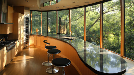A sleek kitchen with a curved pastel brown counter, black quartz tops, and minimalist design elements. Oversized windows flood the space with sunlight.の素材
