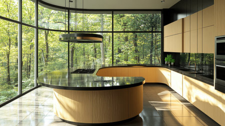 A sleek, modern kitchen featuring a curved island in pastel brown laminate, black counters, and an airy, open design with large windows framing a forest view.の素材