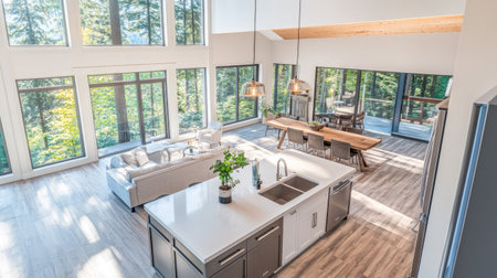 A top-down view of a luxury modern kitchen, highlighting a massive island with pristine white worktops, stainless steel appliances, and panoramic windows with forest views.の素材