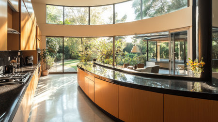 A stylish kitchen with a curved counter in pastel brown laminate, black quartz tops, and modern decor. Large windows let in natural light and reveal a stunning patio. -の素材