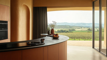 A warm, minimalist kitchen with a curved pastel brown counter, black worktops, and large windows framing an expansive view of rolling hills.の素材