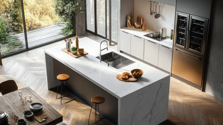 A top-down perspective of a modern kitchen featuring a large island with a sink, white quartz worktops, and a backdrop of stainless steel appliances and wide-open windows.の素材